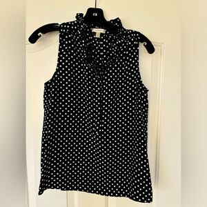J. Crew Sleeveless button-front ruffleneck popover in navy polka dot